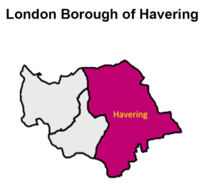 Map of the three boroughs in the BHR Partnership with Havering highlighted in purple